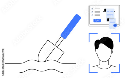 Shovel digging into the ground, digital identity profile with Pay button and profile picture, facial recognition frame around head. Ideal for tech integration, security, online transactions, digital