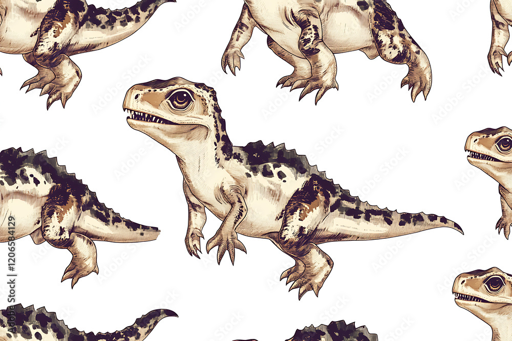 Fototapeta premium Colorful illustrations of prehistoric creatures in a seamless pattern on a white background
