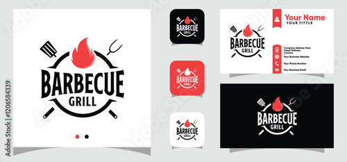 Barbecue with Grill logo design and business card template