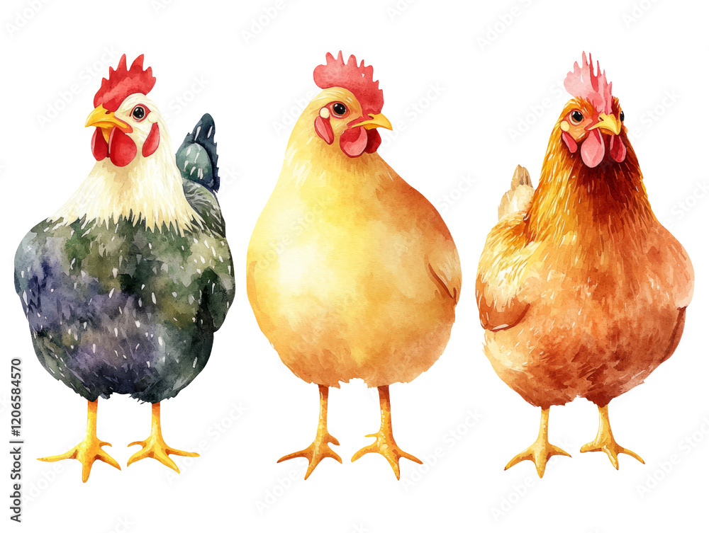 Fototapeta premium Three Isolated Watercolor Chickens on Transparent Background Clipart