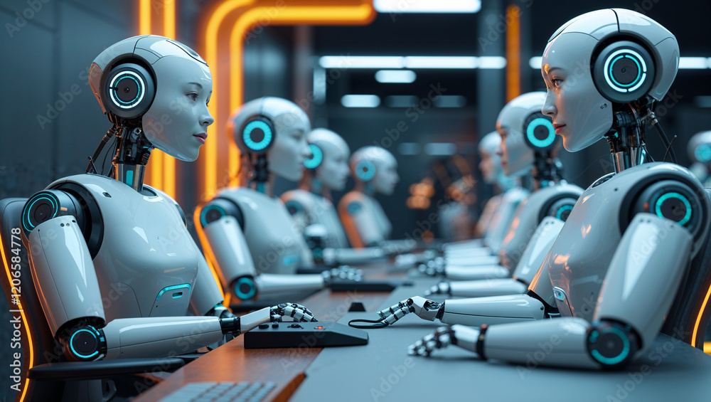 Fototapeta premium rows of advanced robots working in a futuristic call center