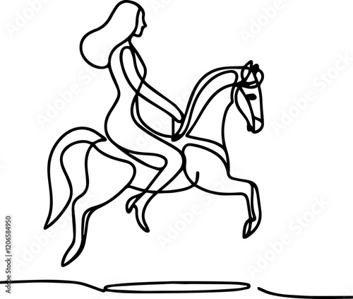 Line drawing of rider on a horse on white background