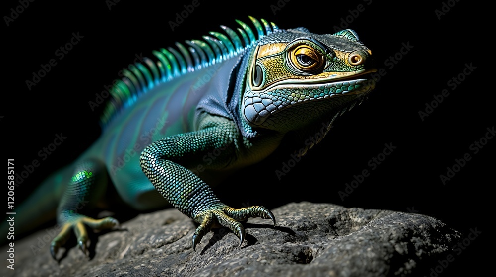 Fototapeta premium Vibrant green lizard on dark rock.