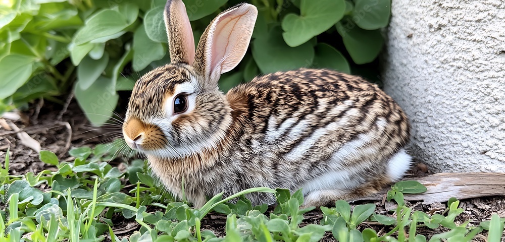 Obraz premium A bunny sitting near a sparkling, clear pond in a lush garden.