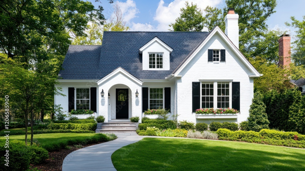 Fototapeta premium Stunning White House with Black Shutters and Landscaped Garden