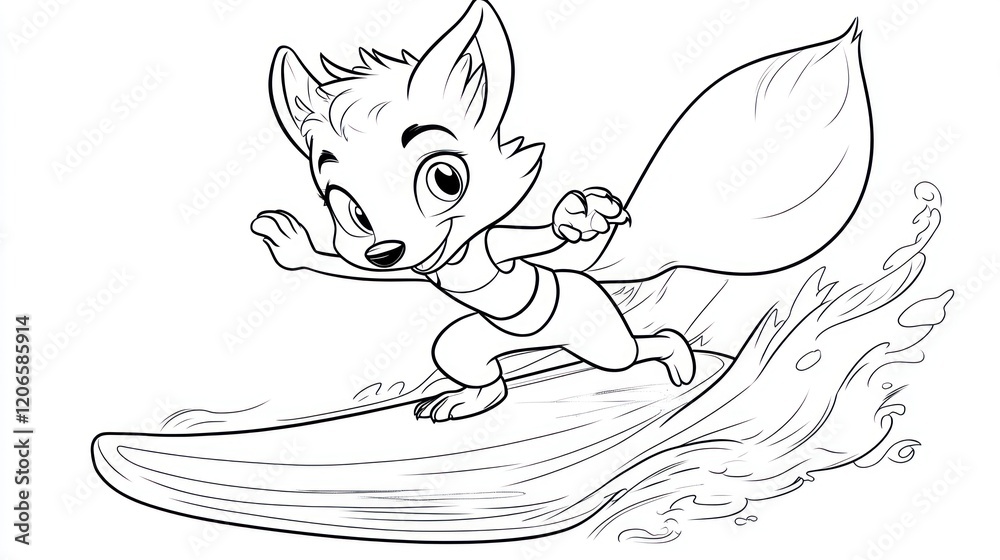 Fototapeta premium Cartoon fox surfing ocean wave, beach background, coloring page