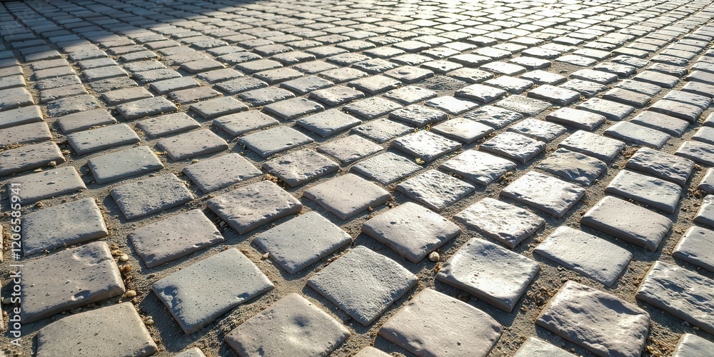 Fototapeta premium Sunlit Cobblestone Pavement Texture A Detailed View of Interlocking Stone Blocks in a Geometric Pattern