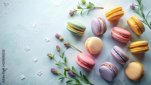Pastel-colored macarons arranged with delicate spring blossoms on a light blue background, creating a visually appealing and delightful springtime scene.