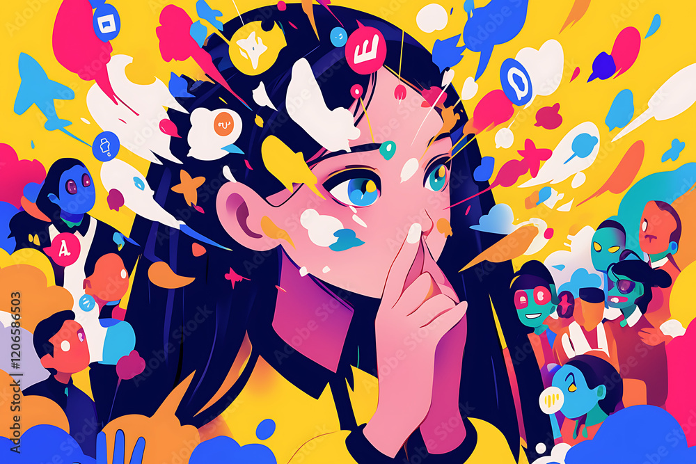 A young woman in a vibrant setting, immersed in colorful social media icons, signaling silence amidst a crowd A young woman in a vibrant setting, immersed in colorful social media icons, signaling silence amidst a crowd