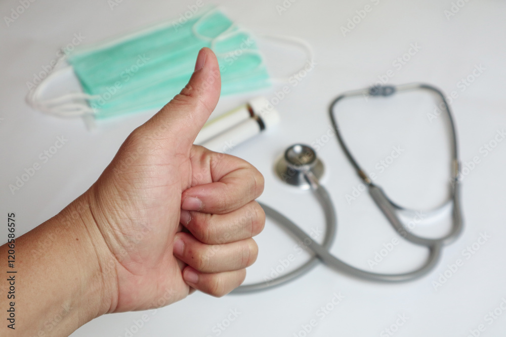 Handsome middle age man wearing doctor uniform holding syringe smiling happy and positive, thumb up doing excellent and approval sign Handsome middle age man wearing doctor uniform holding syringe smiling happy and positive, thumb up doing excellent and approval sign