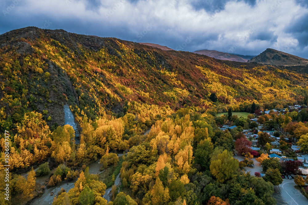 Fototapeta premium Golden Autumn Splendor in Arrowtown, New Zealand: Aerial Views