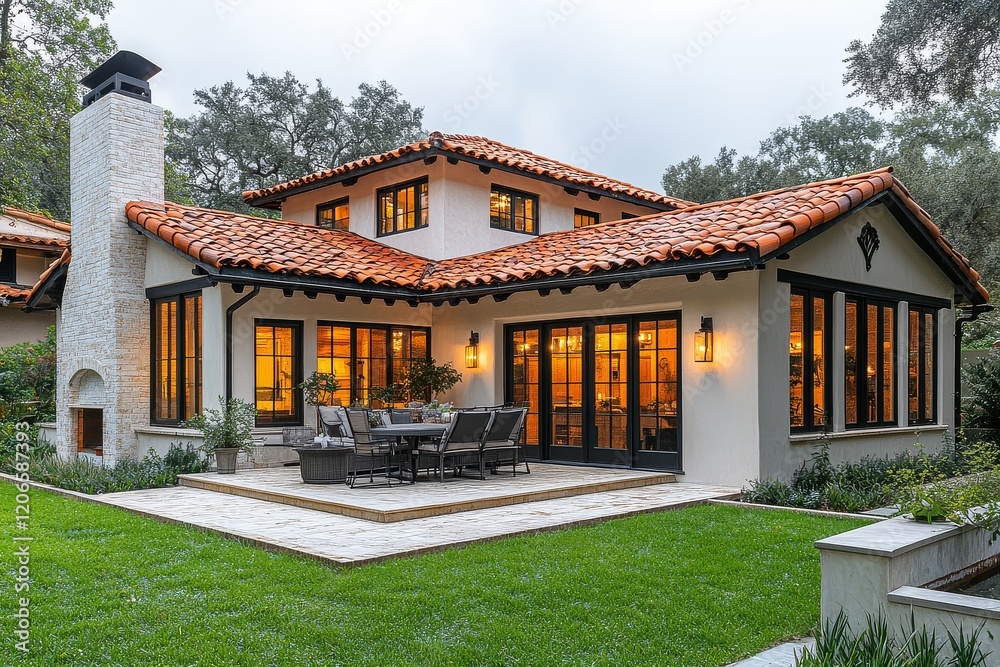 Cozy Spanish colonial-style home with small patio, white stucco walls, red tile roof, black steel windows, outdoor dining, oak tree, and overcast sky. Cozy Spanish colonial-style home with small patio, white stucco walls, red tile roof, black steel windows, outdoor dining, oak tree, and overcast sky.