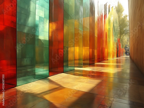 Colorful glass panels cast vibrant shadows on a walkway. photo