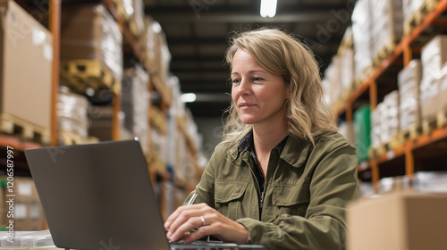 woman working in warehouse on laptop showing focused expression looking forward
