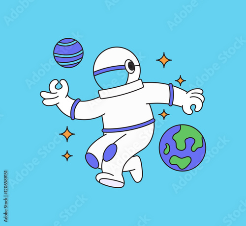 Astronaut floating in space with planets and star hand drawn illustration for exploration and adventure