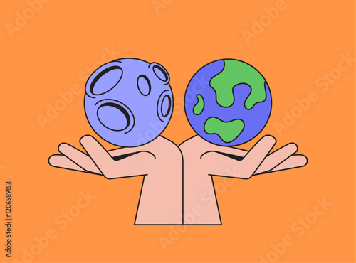 Hand holding planet from earth and moon bright hand drawn cartoon