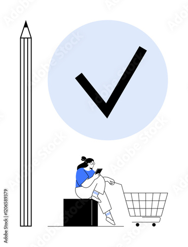 Large pencil, blue circle with black checkmark, person sitting on the box with a tablet, and shopping cart. Ideal for productivity, shopping, organization, planning, education completion