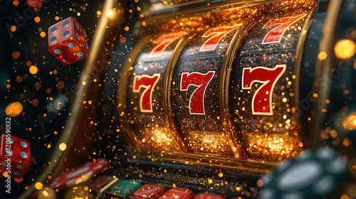 Sparkling slot machine with lucky 777 jackpot and falling dice.