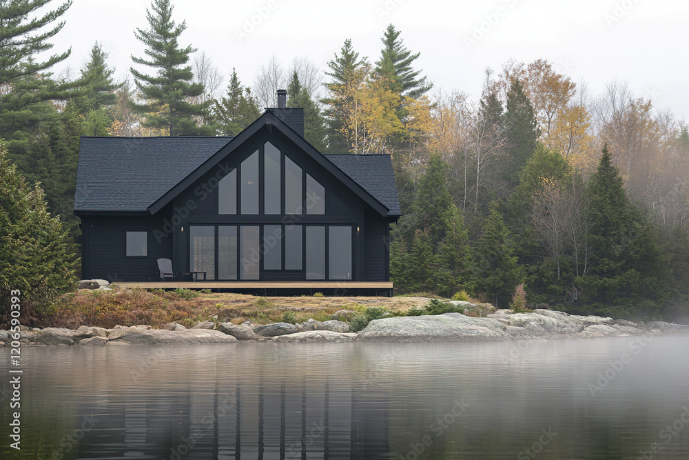 Obraz premium A charming black cabin rests by a serene lake, enveloped by vibrant autumn foliage and lush trees, all beautifully shrouded in early morning fog