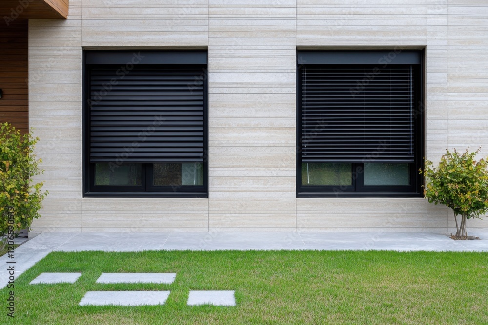 Fototapeta premium Modern house exterior showcasing sleek black roller shutters on windows, minimalist landscaped garden with green grass and stepping stones, peaceful suburban setting
