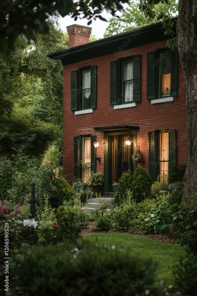 A delightful brick house nestled among vibrant, lush greenery, creating a serene atmosphere in a peaceful neighborhood during the enchanting evening glow A delightful brick house nestled among vibrant, lush greenery, creating a serene atmosphere in a peaceful neighborhood during the enchanting evening glow