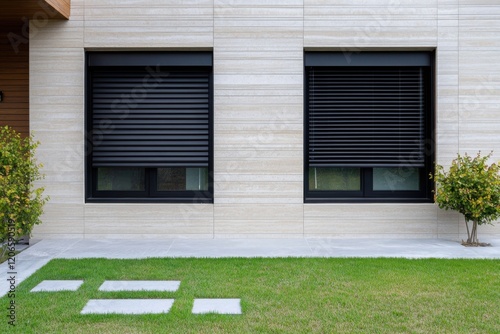 Modern house exterior showcasing sleek black roller shutters on windows, minimalist landscaped garden with green grass and stepping stones, peaceful suburban setting