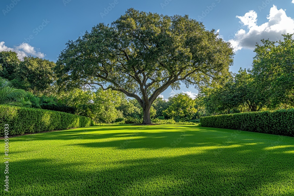 Large tree in the center of expansive green lawn, surrounded by dense hedges and lush trees under clear blue sky, serene backyard garden. Large tree in the center of expansive green lawn, surrounded by dense hedges and lush trees under clear blue sky, serene backyard garden.