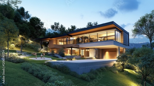 Luxury Hillside Modern House Design: Evening Ambiance