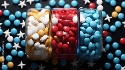 Medication Capsules in Transparent Containers, Close up of red and blue pills on black background. photo