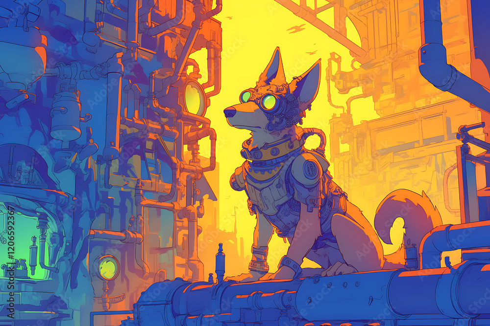 Obraz premium A futuristic dog in goggles surveys a vibrant industrial landscape filled with pipes and machinery