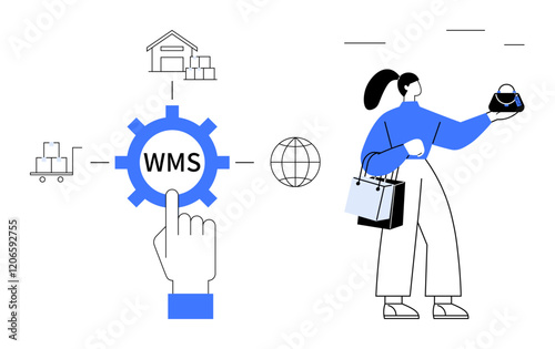 Hand touching gear labeled WMS linked to warehouse, trolley, globe shopper holds bags, inspects item. Ideal for logistics, inventory, e-commerce, fulfillment, retail supply chain technology