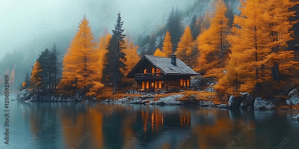 Obraz premium Autumn lake cabin, misty mountains