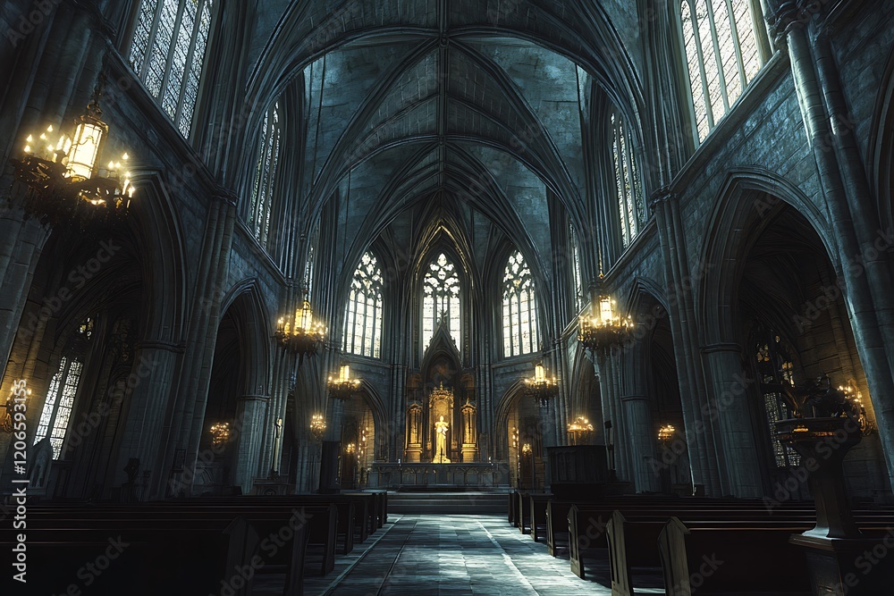 Fototapeta premium A grand gothic interior of a cathedral with ornate details.