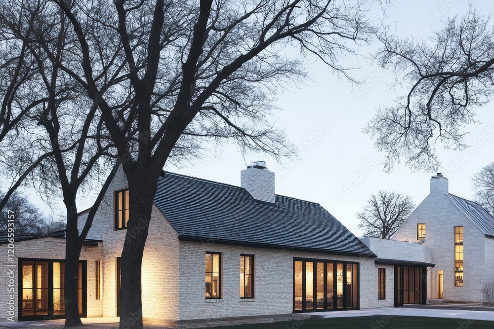 Modern architectural design showcased in a tranquil evening setting with warm lights illuminating a beautifully restored residential building surrounded by trees Modern architectural design showcased in a tranquil evening setting with warm lights illuminating a beautifully restored residential building surrounded by trees