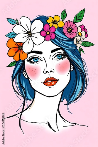 Woman with floral crown, blue hair.