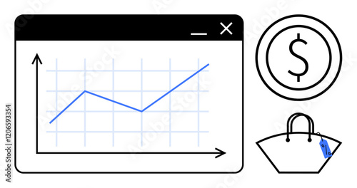 Graph in browser window with ascending line indicating financial growth. Dollar sign within a circle, representing currency. Shopping bag with tag symbolizing retail. Ideal for business, finance