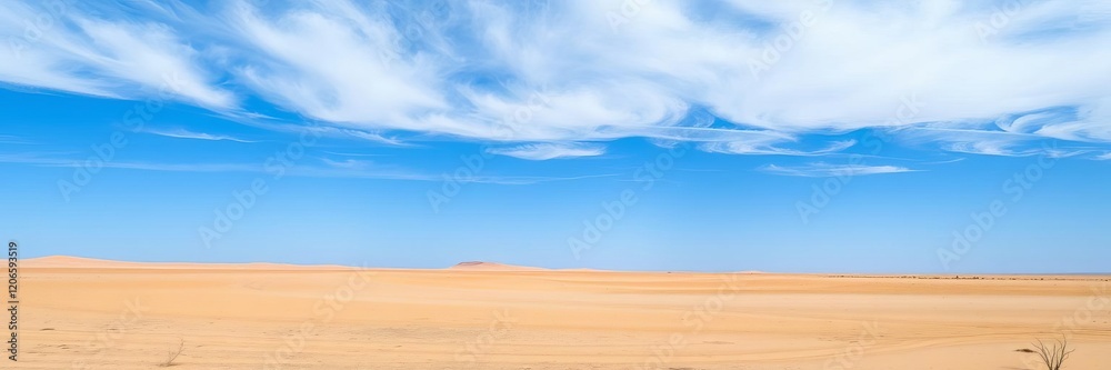 A minimalist wooden frame standing in the center of a vast desert landscape under a clear blue sky, isolated, barren, peaceful