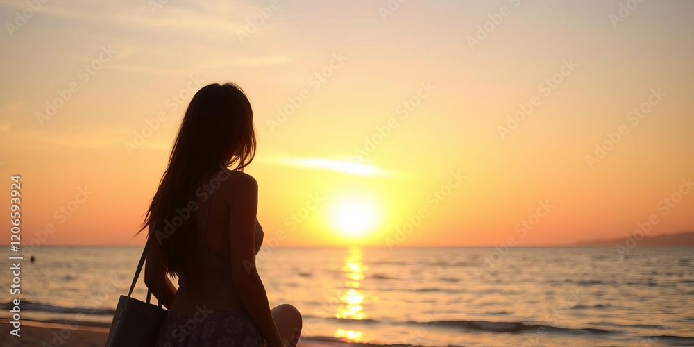 Fototapeta premium A woman sitting peacefully by the ocean, her silhouette beautifully illuminated by the setting sun, lifestyle, relaxation, vacation