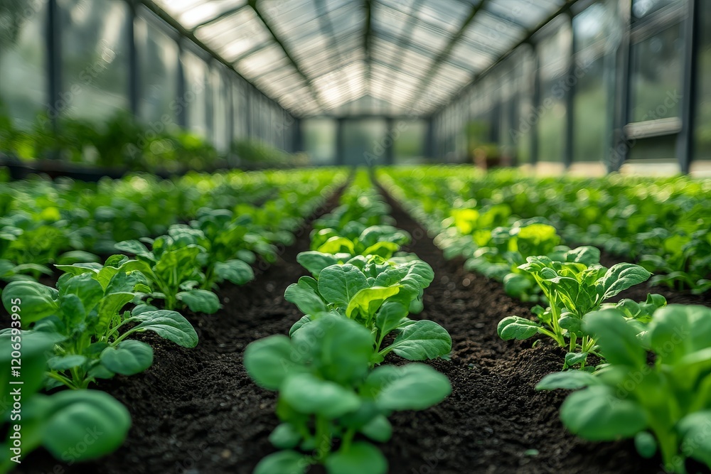 Wide-angle view of a long plastic greenhouse with rows of growing plants, vegetable garden, indoor farming, and agricultural cultivation. Wide-angle view of a long plastic greenhouse with rows of growing plants, vegetable garden, indoor farming, and agricultural cultivation.