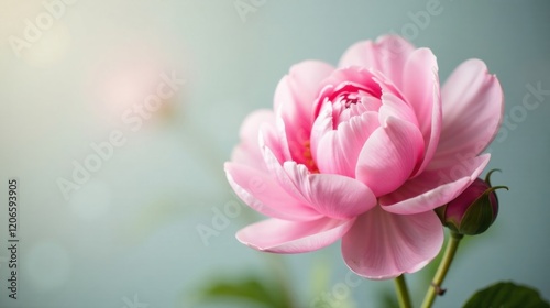 A Delicate Pink Blossom in Soft Light, Showing Exquisite Petals and a Bud