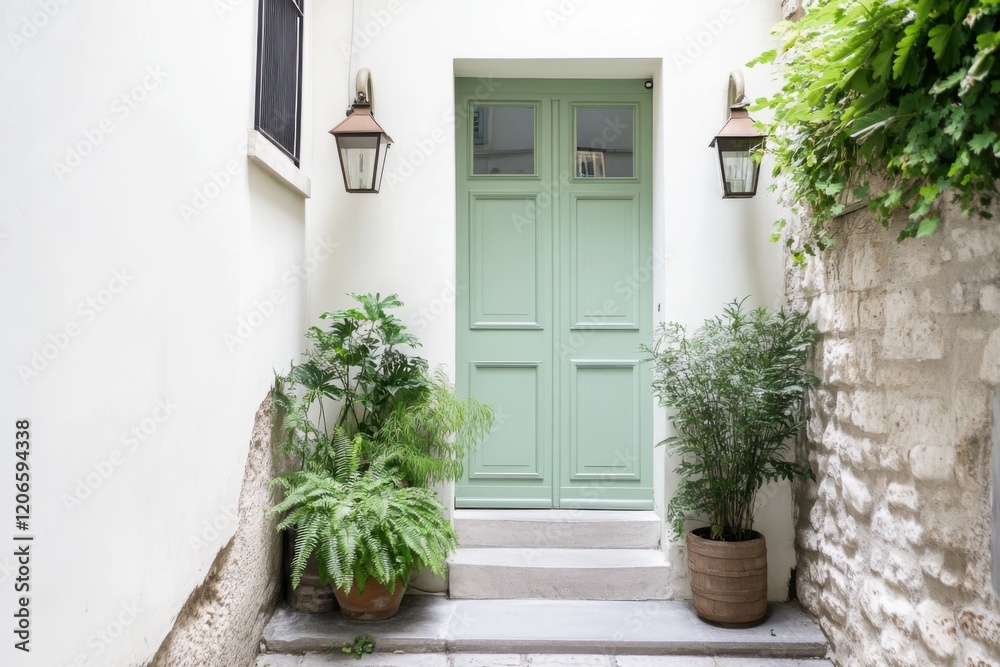 A serene atmosphere fills a charming urban alley during the day, where a green door is beautifully framed by lush plants and a weathered stone wall A serene atmosphere fills a charming urban alley during the day, where a green door is beautifully framed by lush plants and a weathered stone wall