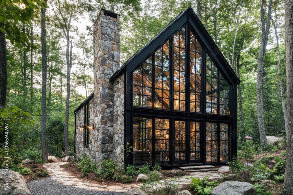 Unique modern cabin with large glass windows located in a serene forest surrounded by trees and stones during the golden hour Unique modern cabin with large glass windows located in a serene forest surrounded by trees and stones during the golden hour