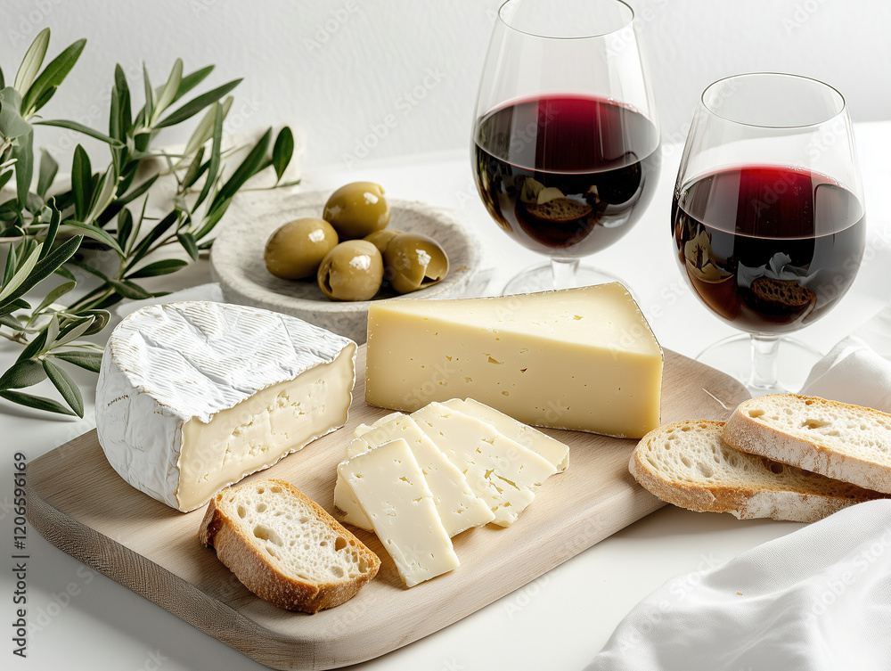 Wine and Cheese Pairing with Olives and Baguette