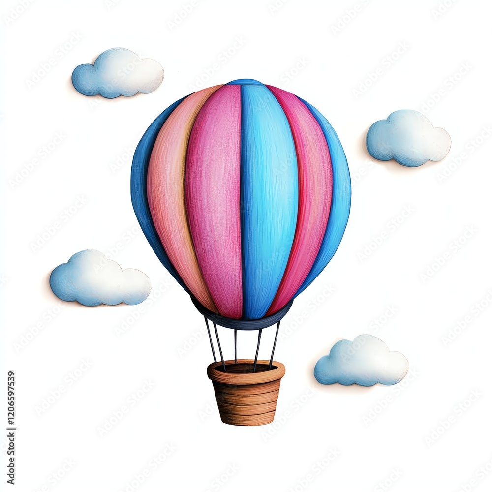 Obraz premium A colorful hot air balloon surrounded by fluffy clouds, creating a cheerful and whimsical atmosphere.