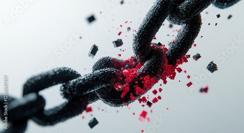 Breaking Chain: A 3D Render of a Chain Breaking Apart into Red and Black Cubes