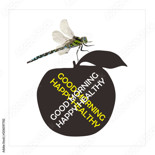 Vector illustration of a good morning greeting with a beautiful dragonfly and apple background