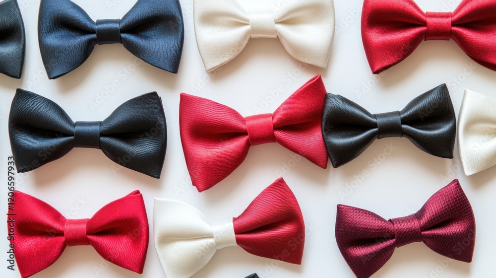 A vibrant arrangement of various colored bow ties displayed on a white background, showcasing fashion choices A vibrant arrangement of various colored bow ties displayed on a white background, showcasing fashion choices