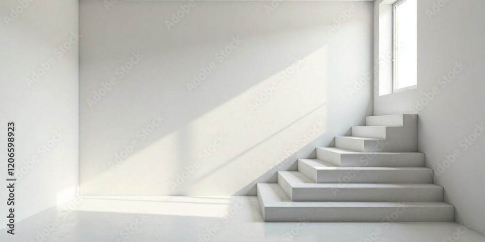 Fototapeta premium Modern Minimalist Interior with Sunlight Streaming Through Window and White Concrete Staircase