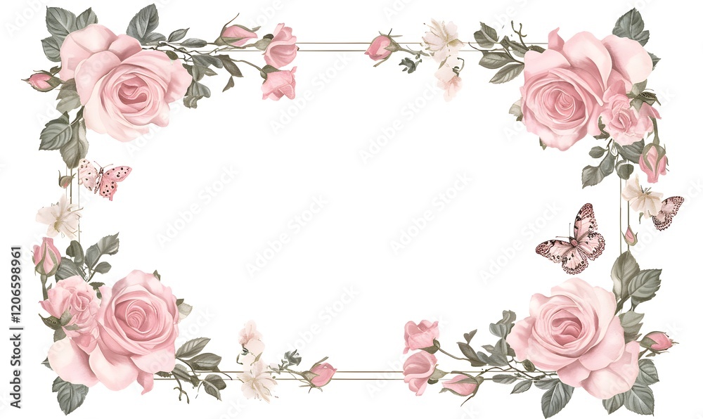 A rectangular white frame with pink roses and butterflies on a white background in the watercolor style, Generative AI A rectangular white frame with pink roses and butterflies on a white background in the watercolor style, Generative AI