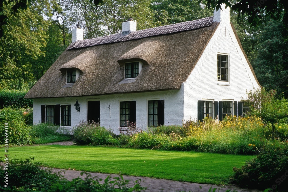 Nestled in a tranquil rural setting, this enchanting cottage boasts a picturesque thatched roof and is enveloped by vibrant, lush gardens under the bright daylight Nestled in a tranquil rural setting, this enchanting cottage boasts a picturesque thatched roof and is enveloped by vibrant, lush gardens under the bright daylight